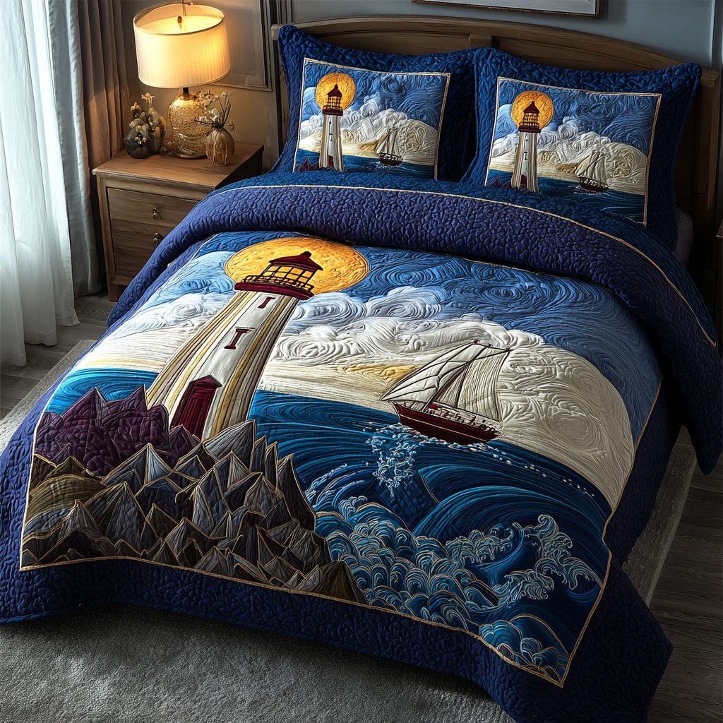 Lighthouse View quilted 3-piece bedding set on a made bed in a light coastal bedroom