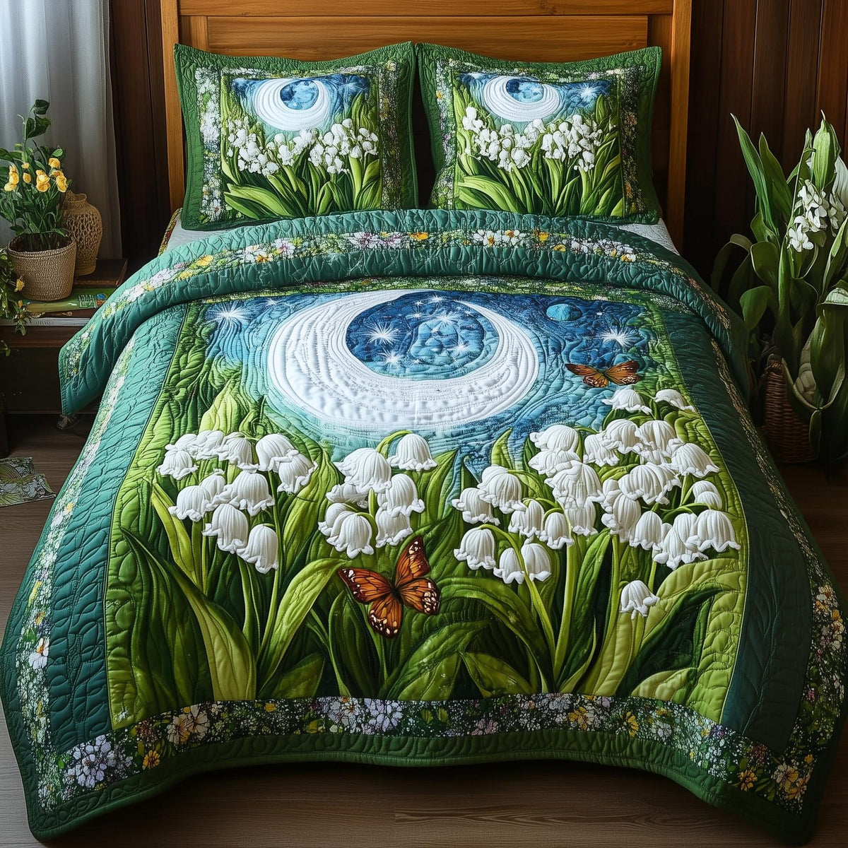 Lily Butterfly quilted 3-piece bedding set on a made bed with two matching pillow shams