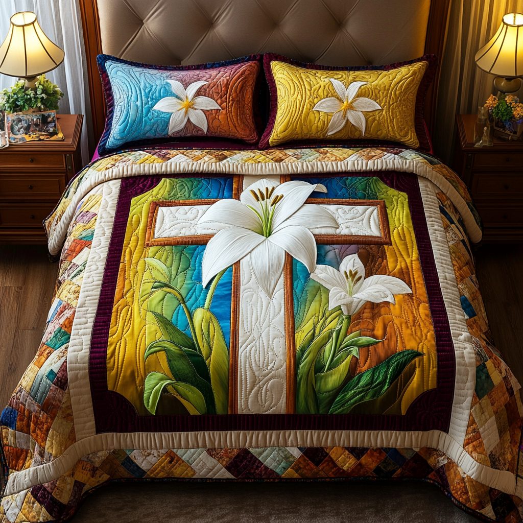 Lily Cross Bright quilted 3-piece bedding set on a made bed in a softly lit bedroom