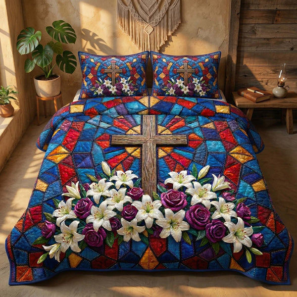 Lily Cross quilted 3-piece bedding set on a made bed in a softly lit bedroom