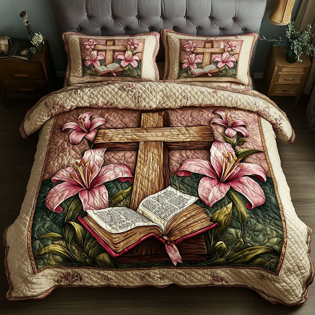 Lily Cross quilted 3-piece bedding set on a made bed in a softly lit bedroom