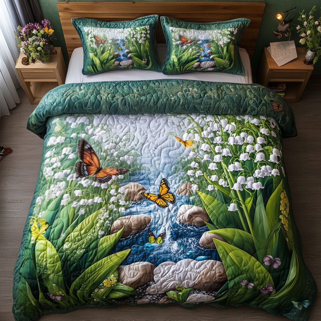 Lily Garden quilted 3-piece bedding set on a made bed with two matching pillow shams