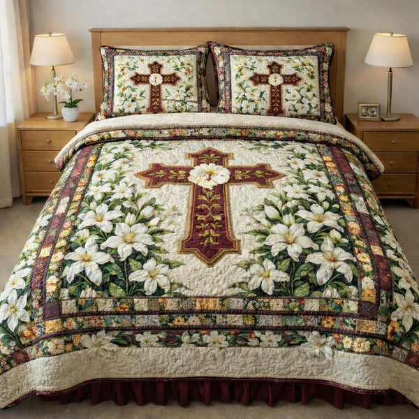 Lily Grace Cross quilted 3-piece bedding set on a made bed in a softly lit bedroom