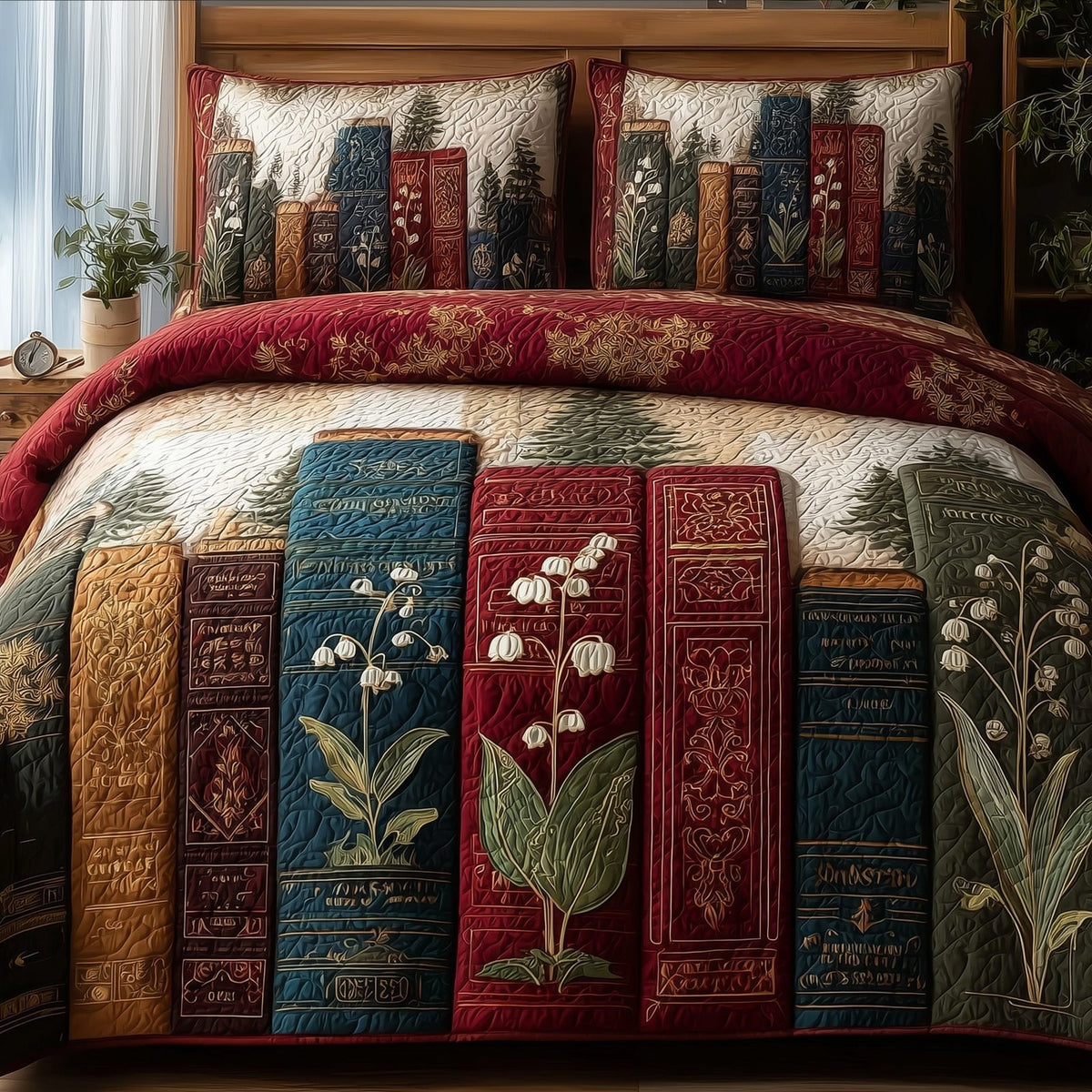 Lily Of The Valley Bookworm quilted 3-piece bedding set on a made bed with two matching pillow shams