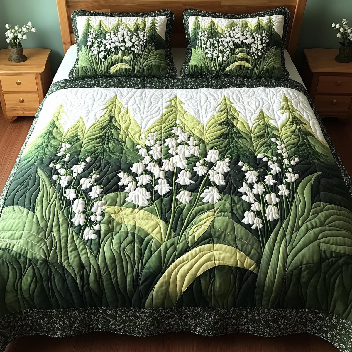 Lily Of The Valley quilted 3-piece bedding set on a made bed with two matching pillow shams