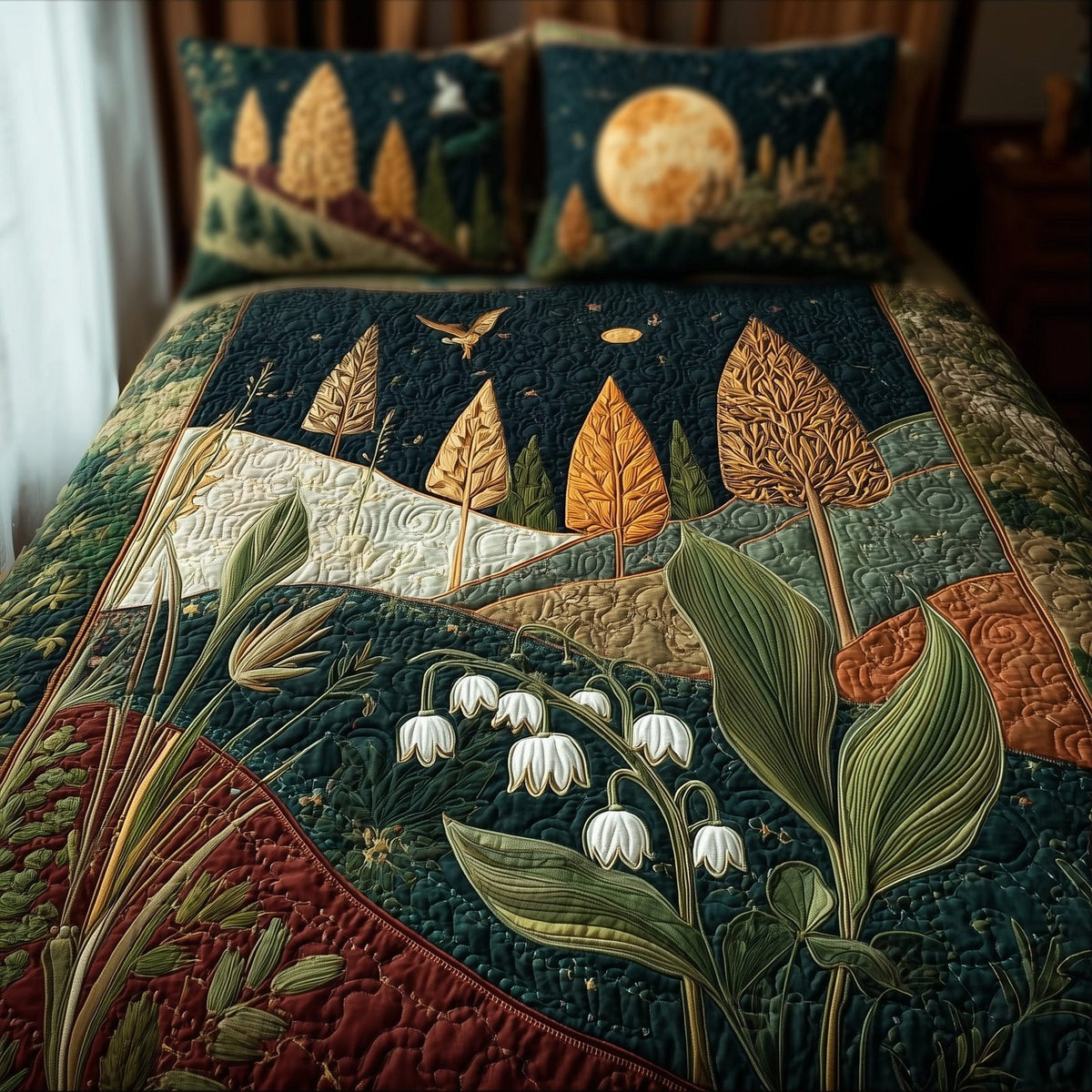 Lily Of The Valley quilted 3-piece bedding set on a made bed with two matching pillow shams