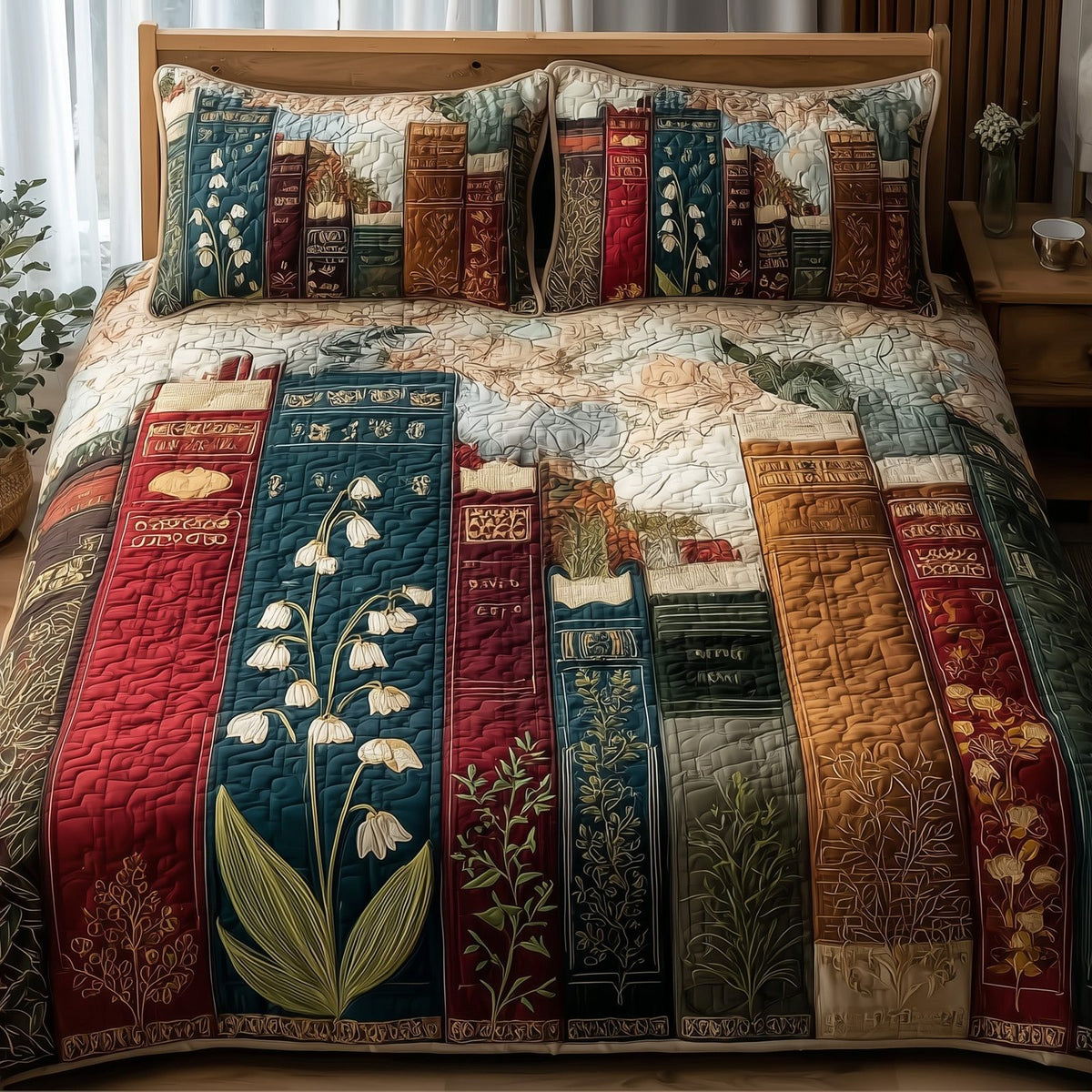 Lily Of The Valley quilted 3-piece bedding set on a made bed with two matching pillow shams