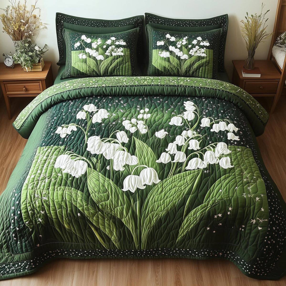 Lily Of The Valley Vibe quilted 3-piece bedding set on a made bed with two matching pillow shams