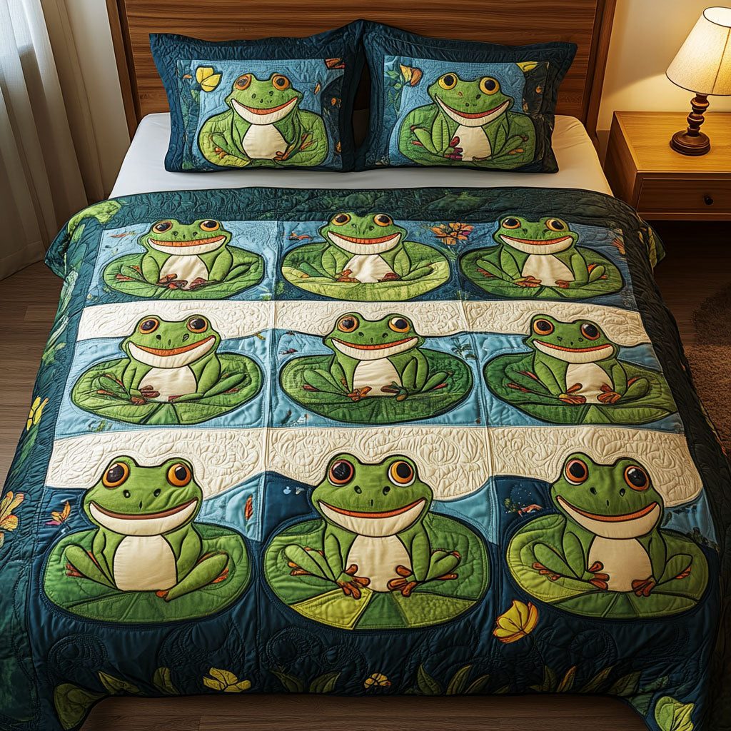 Lily Pad Smiles quilted 3-piece bedding set on a made bed with two matching pillow shams