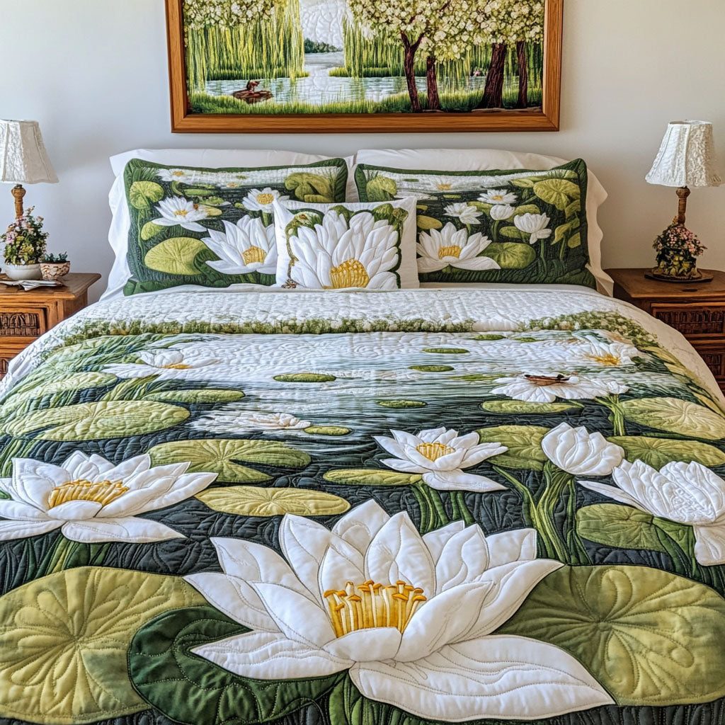 Lily Reflection quilted 3-piece bedding set on a made bed with two matching pillow shams