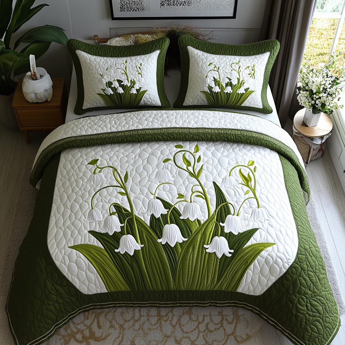 Lily Valley quilted 3-piece bedding set on a made bed with two matching pillow shams