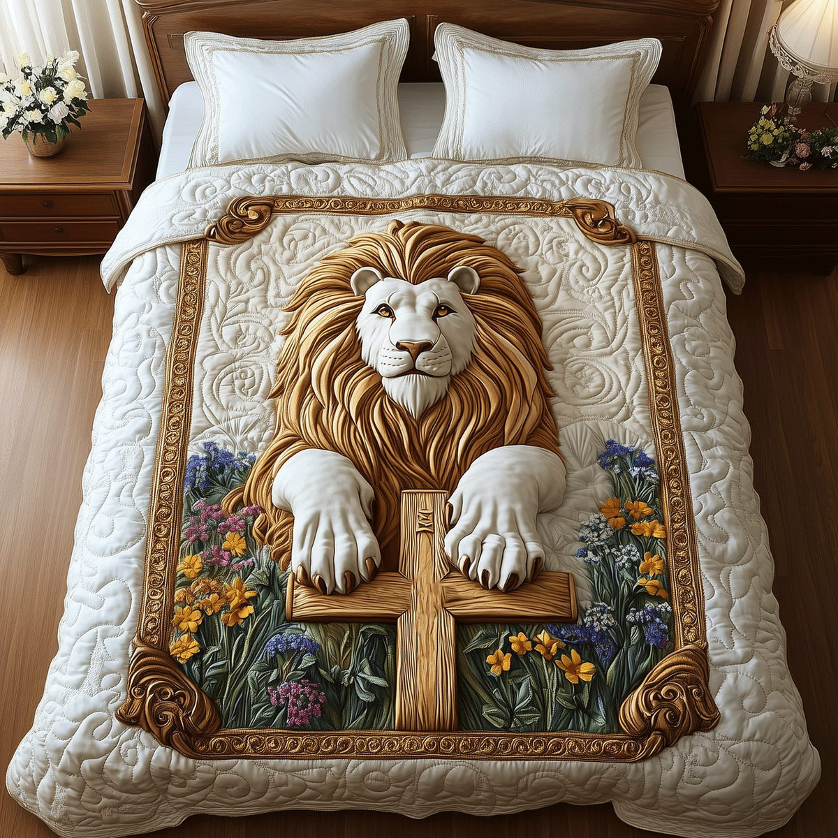 Lion Blessing quilted 3-piece bedding set on a made bed with two matching pillow shams
