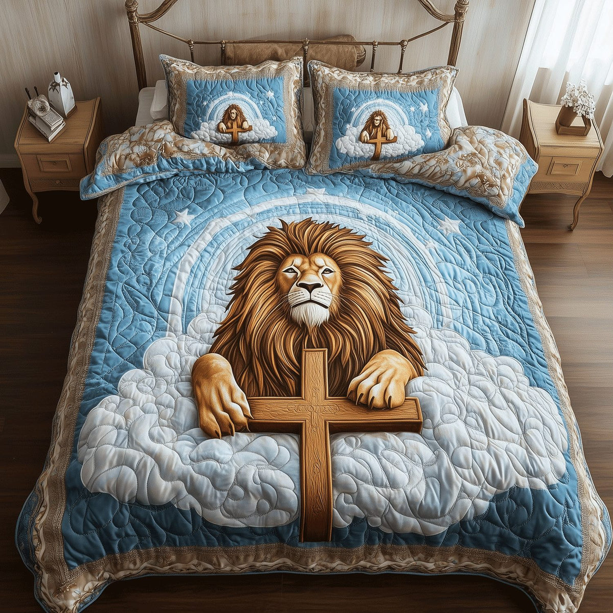 Lion Cross Shield quilted 3-piece bedding set on a made bed in a softly lit bedroom