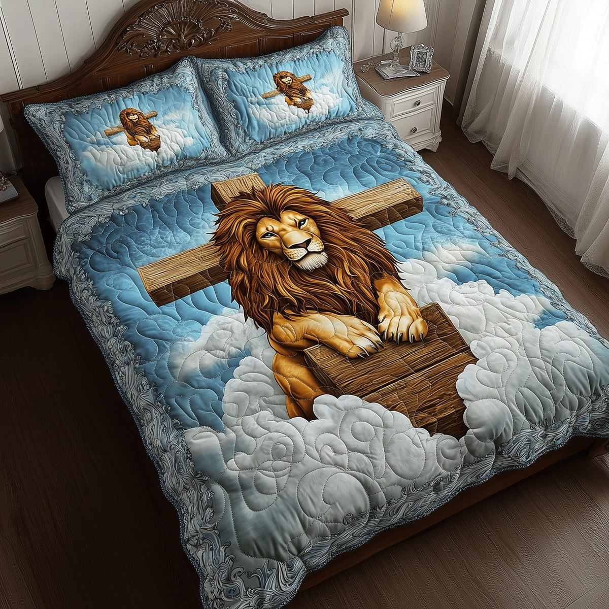 Lion Crosslight quilted 3-piece bedding set on a made bed with two matching pillow shams