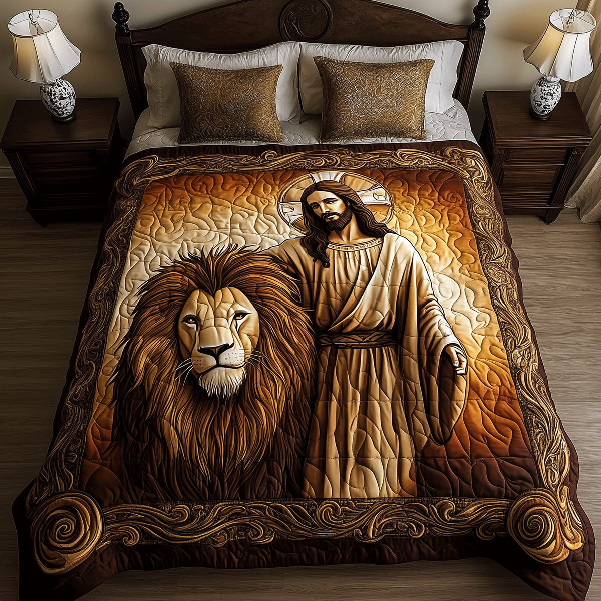 Lion Divine Power quilted 3-piece bedding set on a made bed in a softly lit bedroom