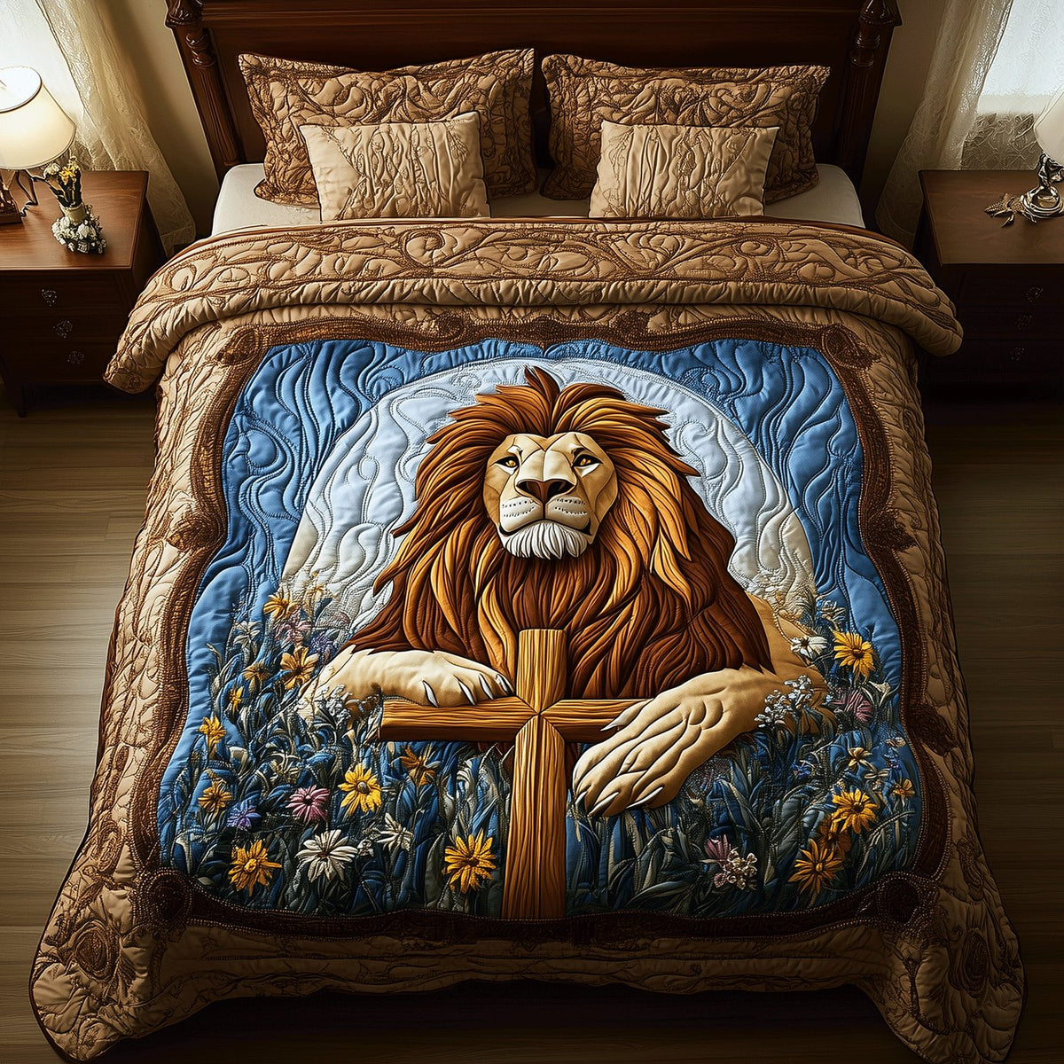 Lion Faith Emblem quilted 3-piece bedding set on a made bed in a softly lit bedroom