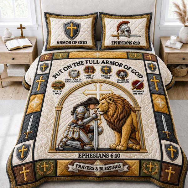 Lion Faith Guardian quilted 3-piece bedding set on a made bed in a softly lit bedroom