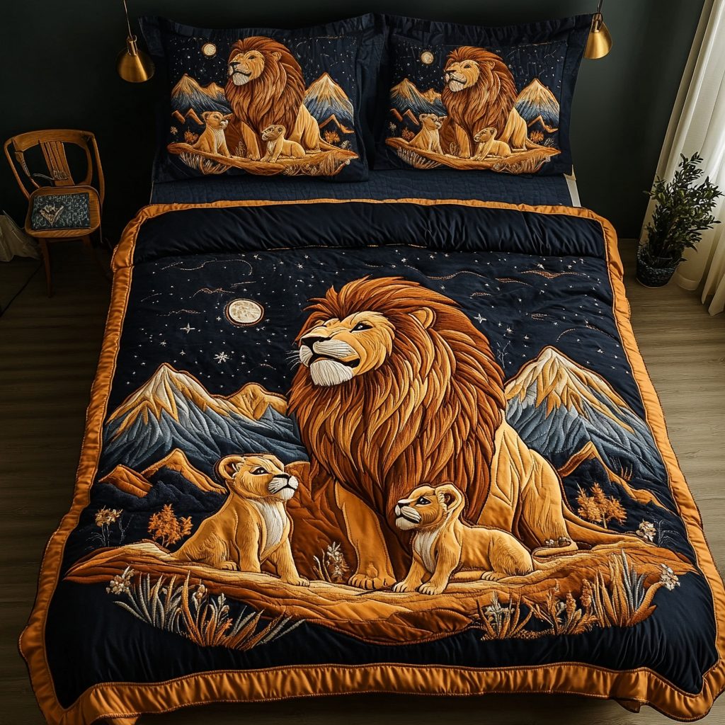 Lion Heart quilted 3-piece bedding set on a made bed with two matching pillow shams