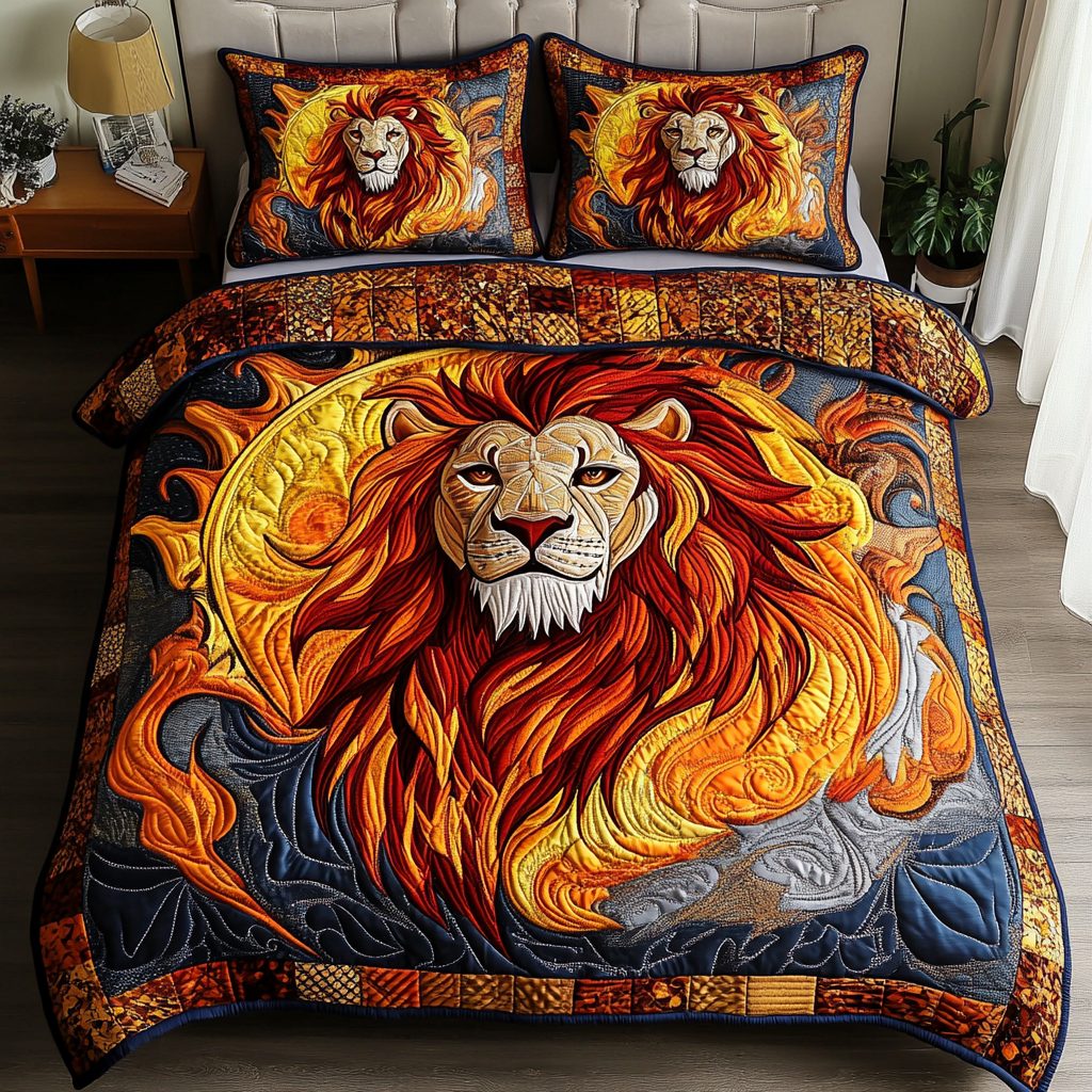 Lion Heart quilted 3-piece bedding set on a made bed with two matching pillow shams