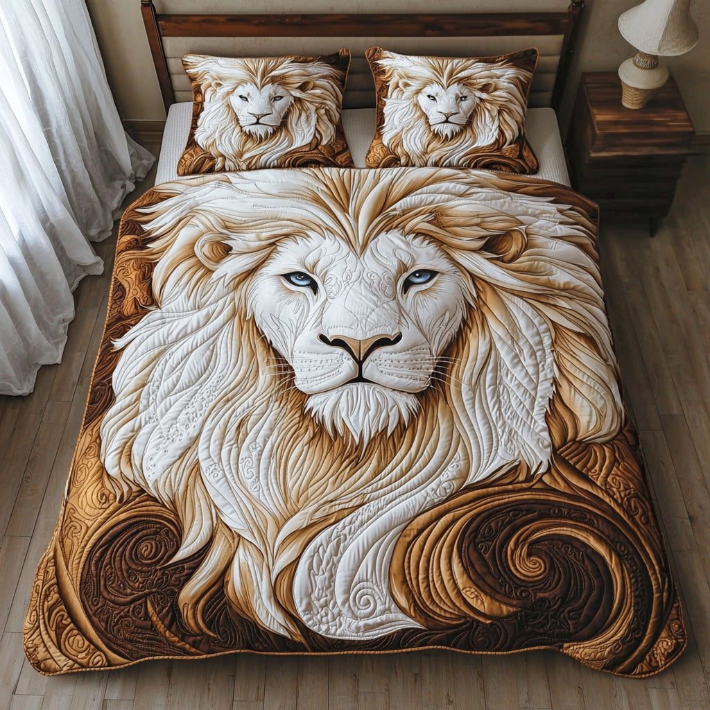 Lion King quilted 3-piece bedding set on a made bed with two matching pillow shams