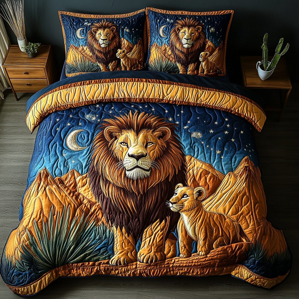 Lion Majesty quilted 3-piece bedding set on a made bed with two matching pillow shams