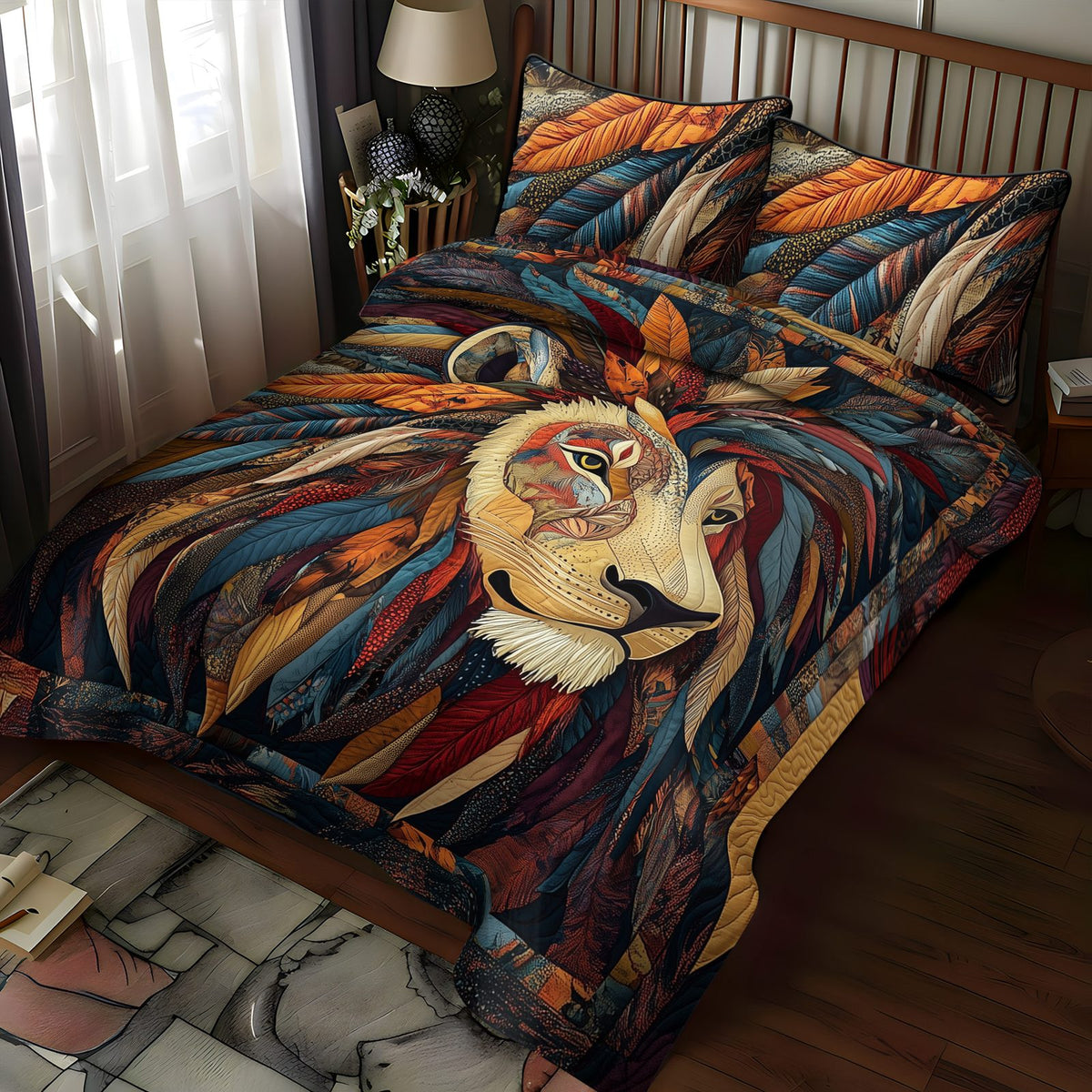 Lion Native quilted 3-piece bedding set on a made bed with two matching pillow shams