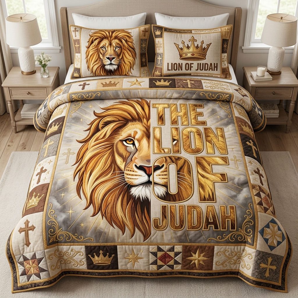Lion of Judah quilted 3-piece bedding set on a made bed with two matching pillow shams