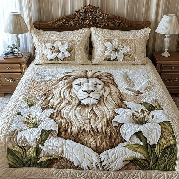 Lion of Judah quilted 3-piece bedding set on a made bed with two matching pillow shams