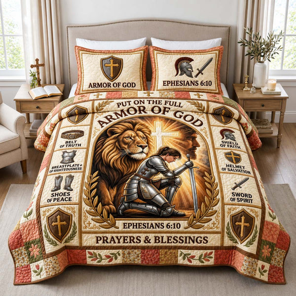 Lion Prayer Warrior quilted 3-piece bedding set on a made bed in a softly lit bedroom