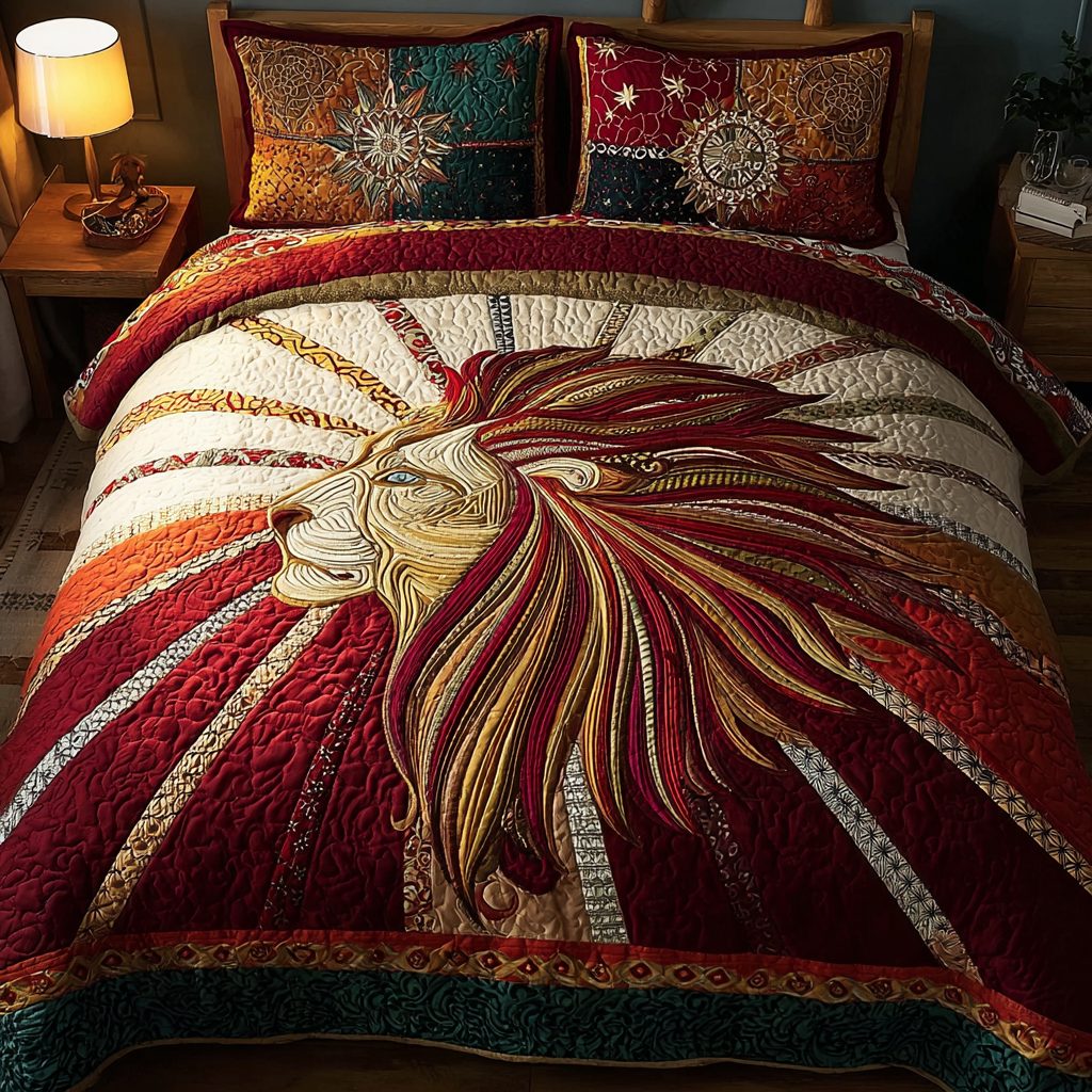Lion Roar quilted 3-piece bedding set on a made bed with two matching pillow shams