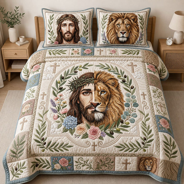 Lion Yeshua Jesus quilted 3-piece bedding set on a made bed in a softly lit bedroom