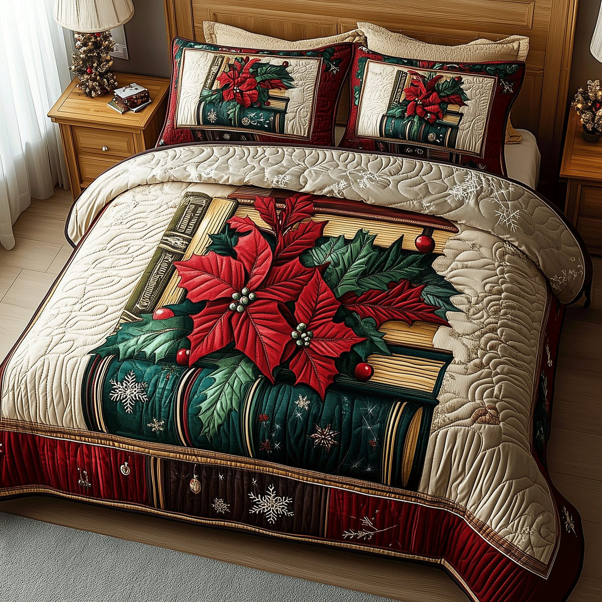 Literary Bliss quilted 3-piece bedding set on a made bed with two matching pillow shams