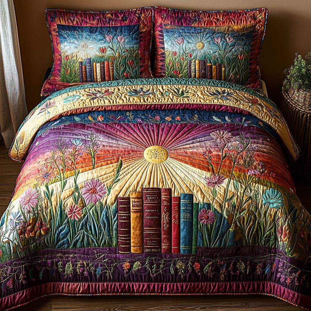 Literary Blooms quilted 3-piece bedding set on a made bed with two matching pillow shams