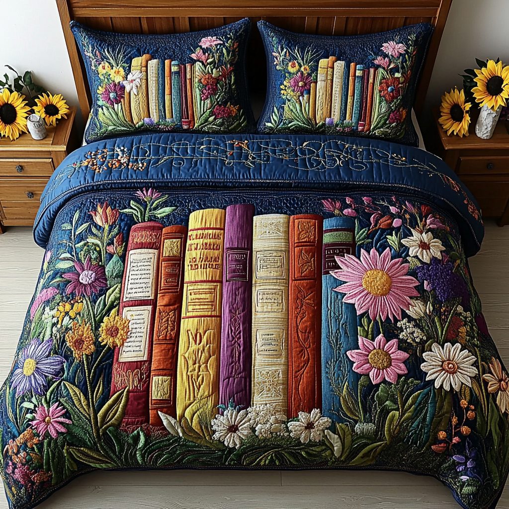 Literary Dreams quilted 3-piece bedding set on a made bed with two matching pillow shams
