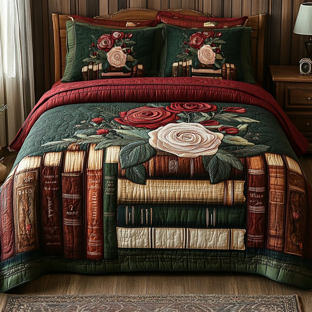 Literary Garden quilted 3-piece bedding set on a made bed with two matching pillow shams