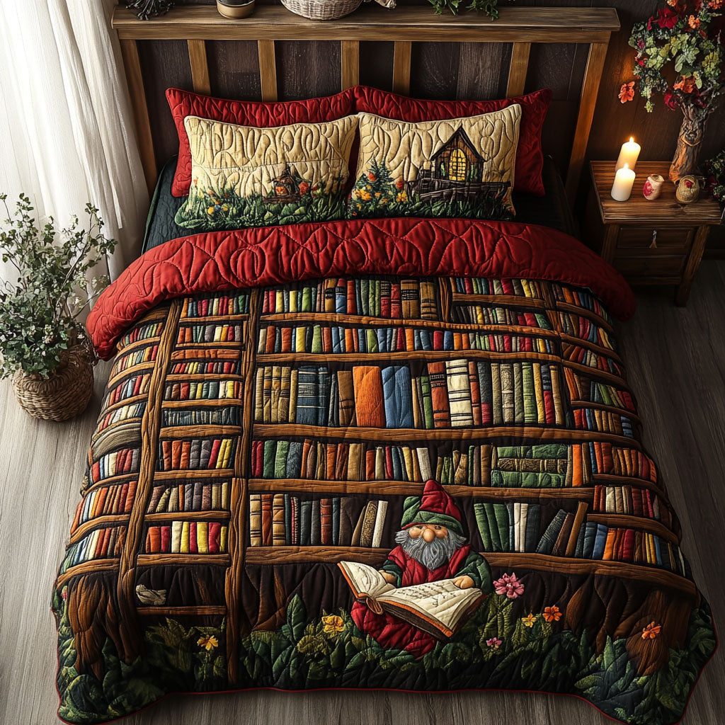 Literary Gnome quilted 3-piece bedding set on a made bed in a winter-styled bedroom