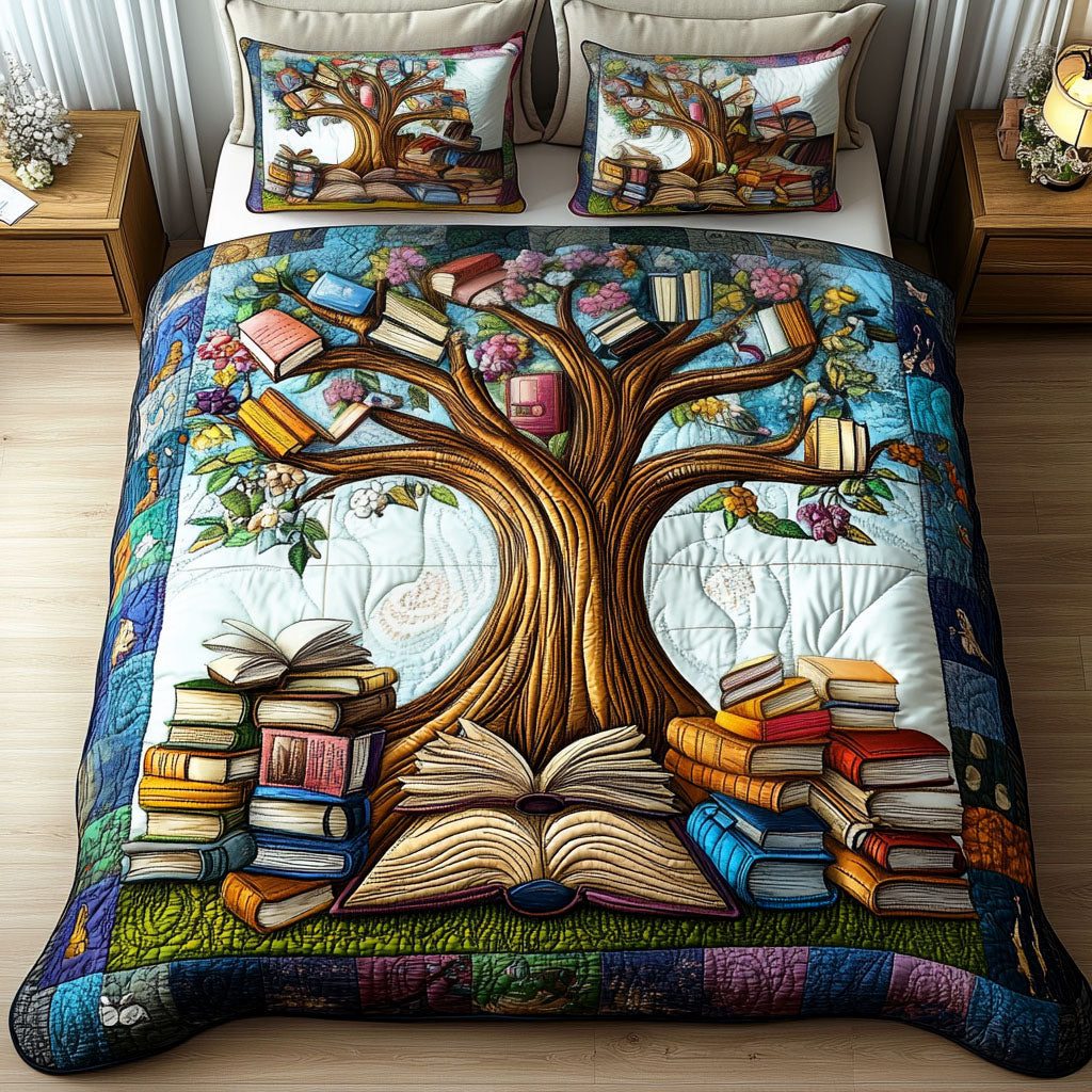 Literary Grove quilted 3-piece bedding set on a made bed with two matching pillow shams