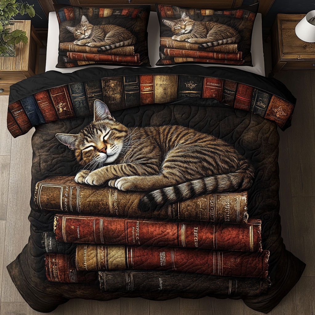 Literary Kitty quilted 3-piece bedding set on a made bed with two matching pillow shams