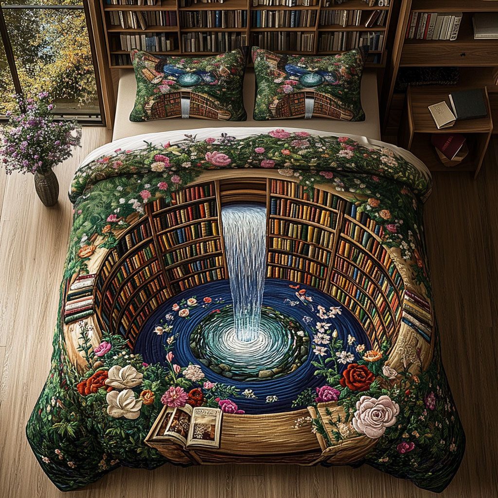 Literary Oasis quilted 3-piece bedding set on a made bed with two matching pillow shams