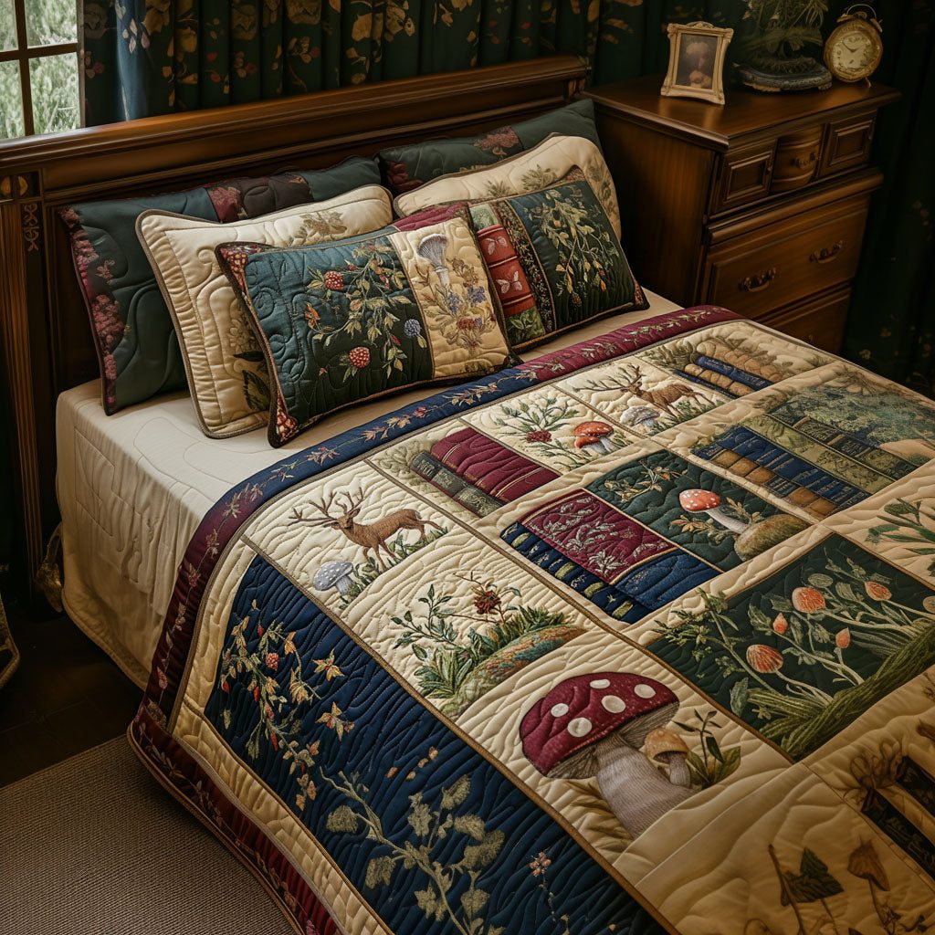 Literary Wilderness Charm quilted 3-piece bedding set on a made bed with two matching pillow shams