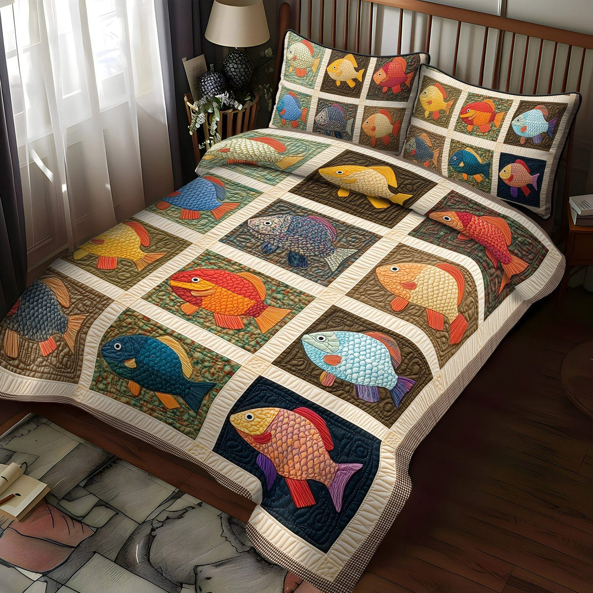 Little Anglers quilted 3-piece bedding set on a made bed with two matching pillow shams