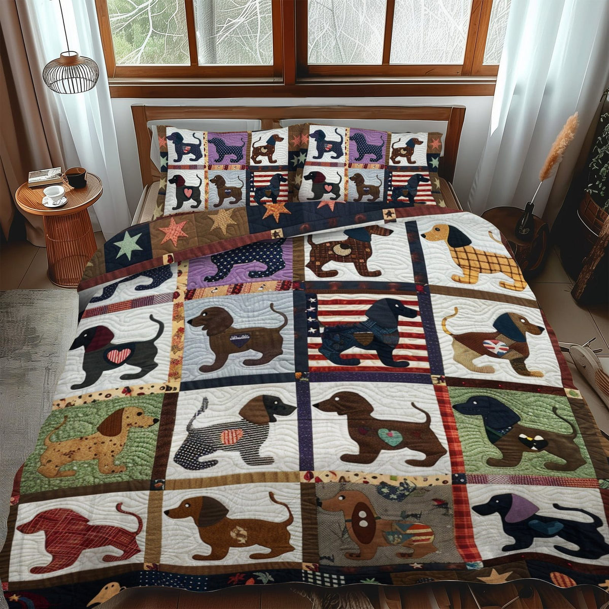 Little Legs Luxuries quilted 3-piece bedding set on a made bed with two matching pillow shams