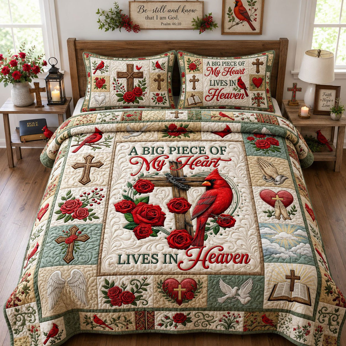 Live In Heaven quilted 3-piece bedding set on a made bed in a softly lit bedroom