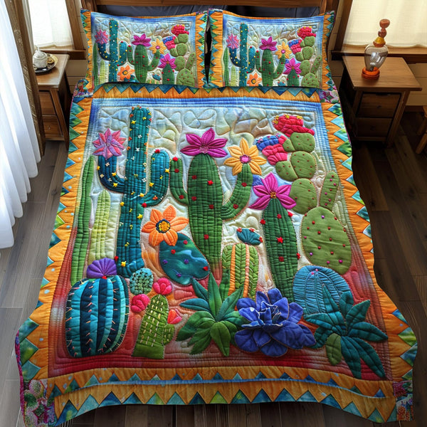 Lively Cactus Garden quilted 3-piece bedding set on a made bed with two matching pillow shams
