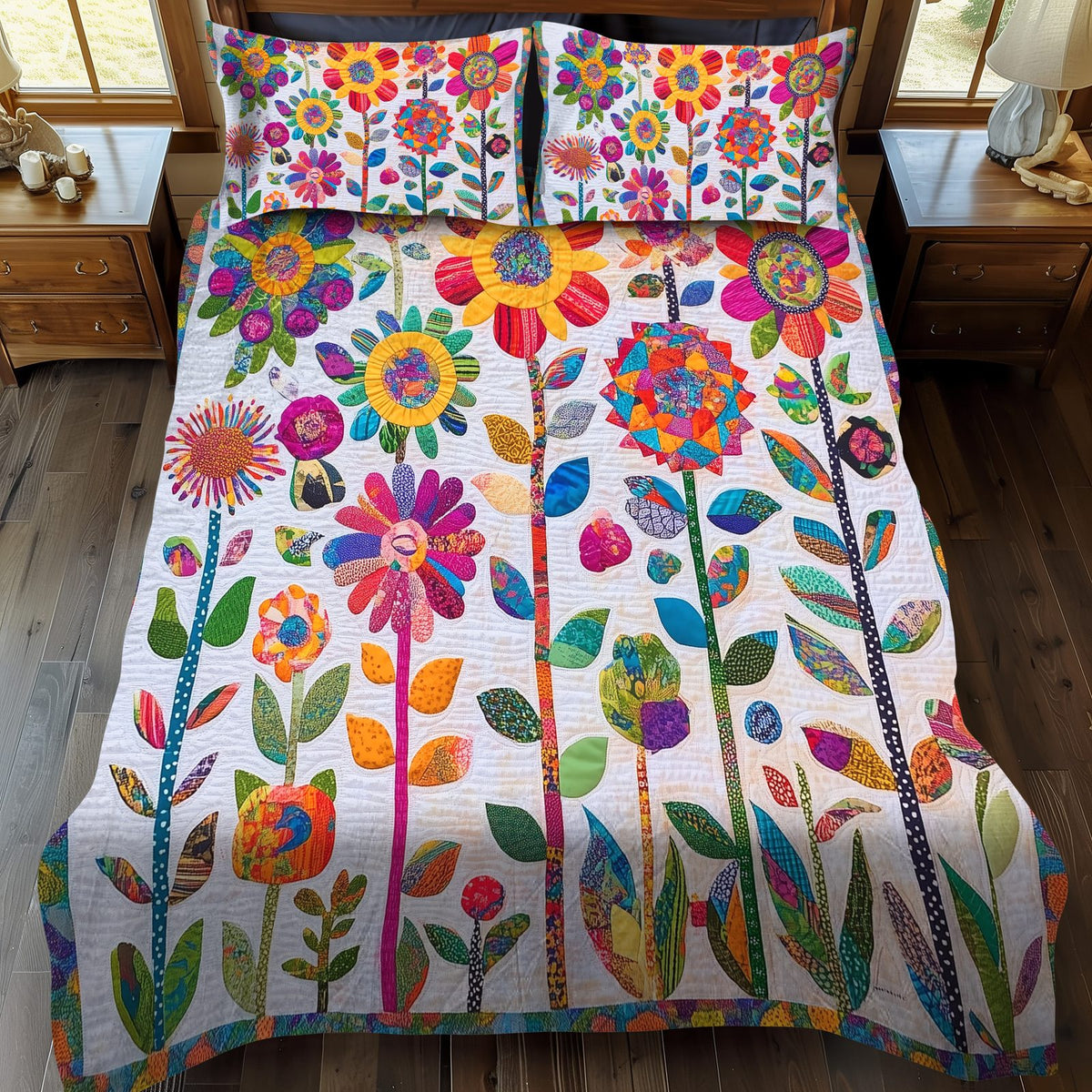 Lively Flowers quilted 3-piece bedding set on a made bed with two matching pillow shams