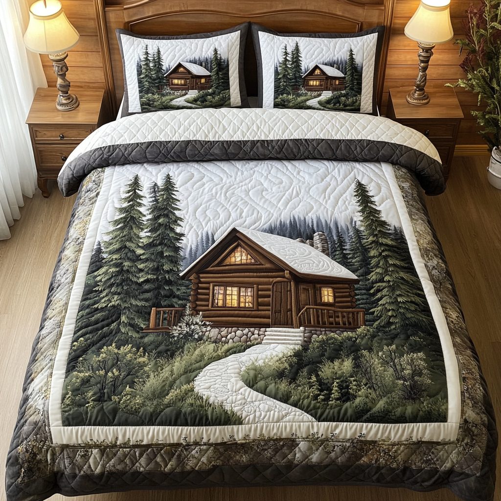 Lodge Life Designs quilted 3-piece bedding set on a made bed with two matching pillow shams