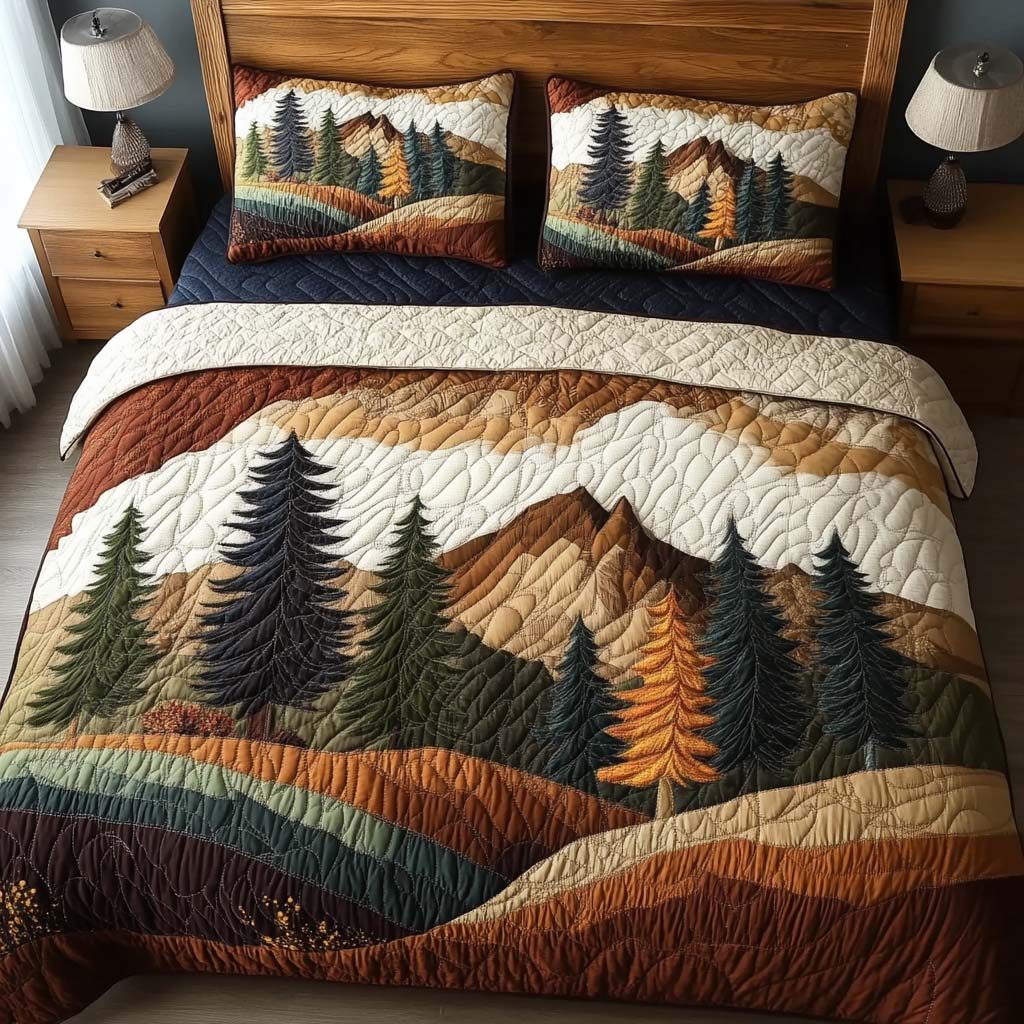Lodgeview Escape quilted 3-piece bedding set on a made bed with two matching pillow shams
