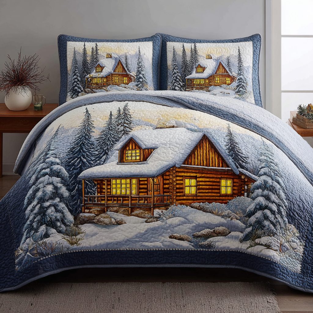 Log Cabin Dream quilted 3-piece bedding set on a made bed with two matching pillow shams