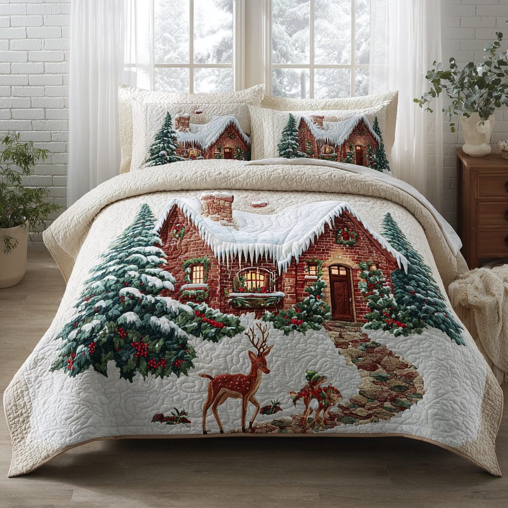 Log Cabin Dream quilted 3-piece bedding set on a made bed with two matching pillow shams