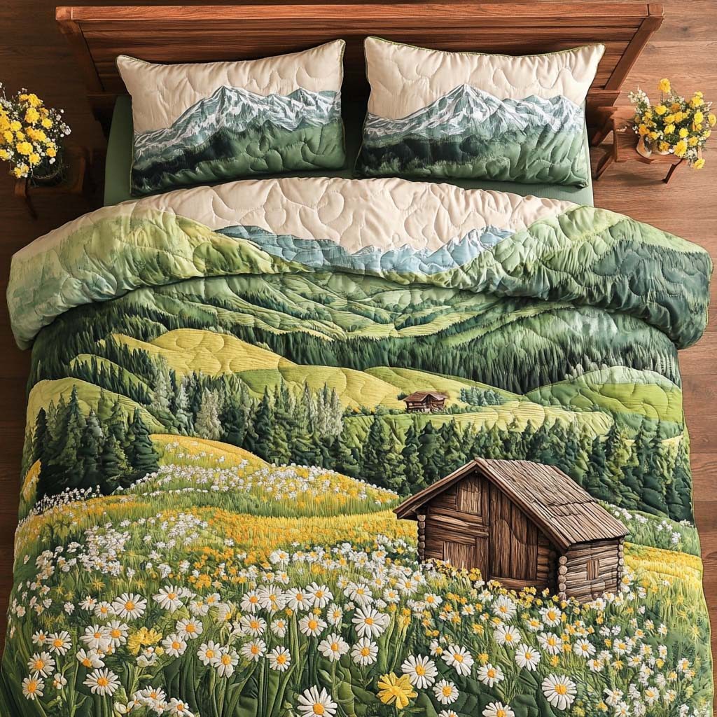Log Heartbeat quilted 3-piece bedding set on a made bed with two matching pillow shams